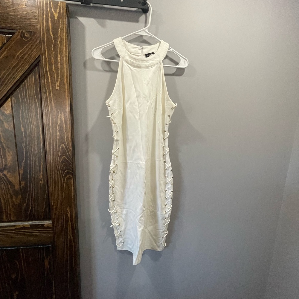 Women’s size 8 Venus white dress with lace tie sides gold accent